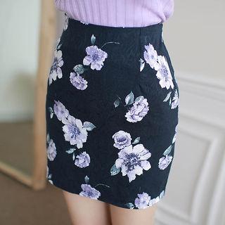 Band-waist Floral Pattern Pencil Mini Skirt