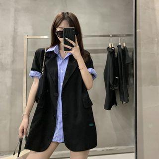 Elbow-sleeve Striped Shirt / Short-sleeve Single Breasted Blazer
