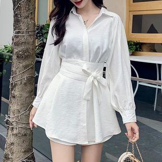 Set: Long-sleeve Tie-waist Top + Wide-leg Shorts