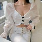 Long-sleeve Mesh Bow-accent Crop Top