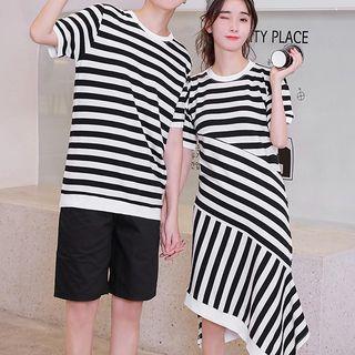 Couple Matching Striped Midi T-shirt Dress / Short-sleeve T-shirt / Plain Shorts