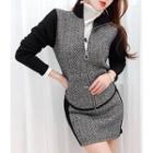 Chevron Knit Zip Jacket & Mini Skirt Set Black - One Size