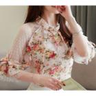 Elbow-sleeve Dotted Mesh Panel Floral Print Chiffon Blouse