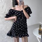 Puff-sleeve Off-shoulder Cross Print Mini A-line Dress