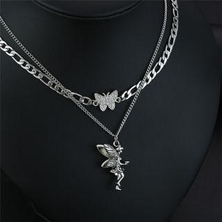 Layered Butterfly Chain Necklace Layered - Silver - One Size