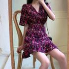 V-neck Ruffle Trim Floral Print A-line Mini Dress As Shown In Figure - One Size