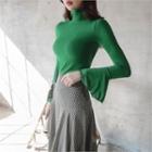 Turtle-neck Ruffle-cuff Slim-fit Top
