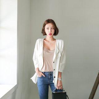 Collarless Button-accent Cotton Shirt