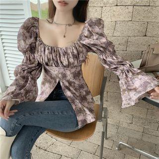 Bell-sleeve Flower Print Blouse Mauve - One Size