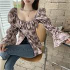 Bell-sleeve Flower Print Blouse Mauve - One Size