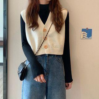Mock Neck Long-sleeve Plain Top / Plain Knit Vest