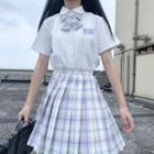 Plaid Pleated Mini A-line Skirt / Bowtie / Set