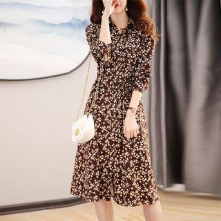 3/4-sleeve Floral Print Midi Shirt Dress