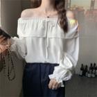 Puff Sleeve Off Shoulder Plain Bow Accent Loose Fit Blouse