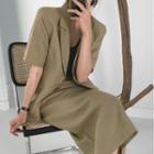 Short-sleeve Single Breasted Blazer / High-waist Plain Skirt
