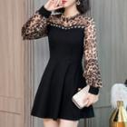 Long-sleeve Leopard Print Panel Mini A-line Dress