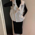 Fleece Button Vest / Mock Turtleneck Long-sleeve Top / Midi Knit Skirt