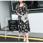 Set: Wrap-front Ruffled Elbow-sleeve Midi Dress + Spaghetti Strap Dress