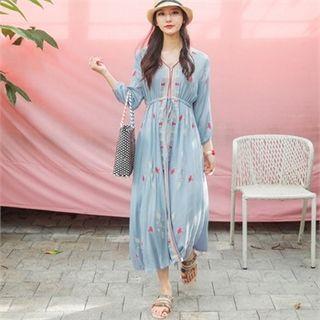 Hook-and-eye Linen Blend Embroidered Dress