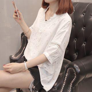 Elbow-sleeve Polka Dot V-neck Blouse