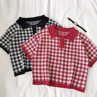 Color-block Plaid Short-sleeve Knit Top