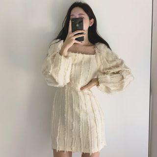 Fringed Trim Long-sleeve Mini Sheath Dress