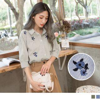3/4 Sleeve Flower Embroidered Pinstriped Shirt