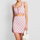 Set: Sleeveless Argyle Knit Crop Top + Mini Pencil Skirt Top - Pink - One Size / Skirt - Pink - One Size