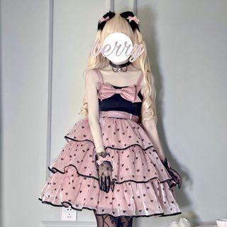 Spaghetti Strap Bow Heart Print A-line Dress
