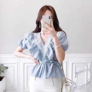 Tie-waist Ruffle-trim A-line Top