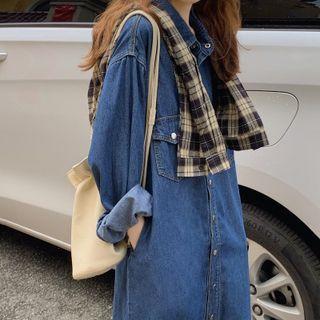 Oversized Long-sleeve Denim Shirtdress Blue - One Size