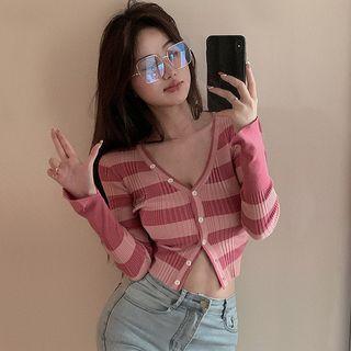 Slit-cuff Patched Stripe Cardigan