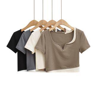 Mock Two-piece Short-sleeve Notched Top