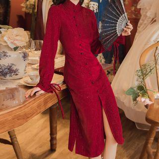 Flared-cuff Corduroy Midi A-line Dress