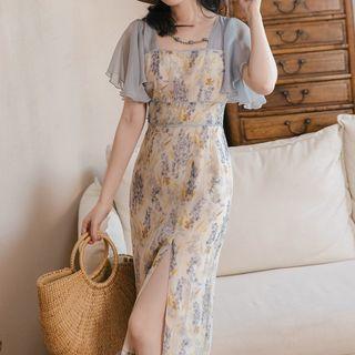 Short-sleeve Square-neck Floral Sheath Dress