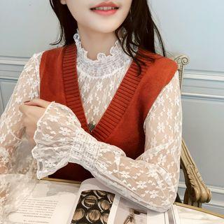 Long-sleeve Frill Trim Floral Lace Top