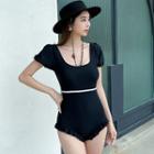 Puff-sleeve Contrast Trim Swimsuit