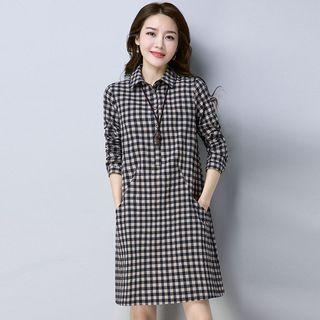 Stand-collar Long-sleeved Gingham Cotton Dress