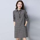 Stand-collar Long-sleeved Gingham Cotton Dress