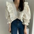 Long-sleeve V-neck Ruffle Trim Plain Shirt Off-white - One Size