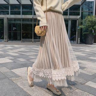 Lace-hem Velvet Mesh A-line Skirt
