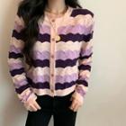 Long-sleeve Striped Knit Cardigan Purple - One Size