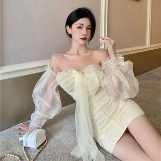 Off-shoulder Ruched Mesh Mini Sheath Dress