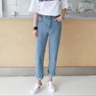 Tall Size Banded-waist Washed Baggy Jeans