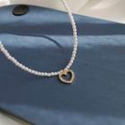 Rhinestone Heart Pendant Pearl Necklace Gold - One Size