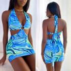 Halter-neck V-neck Printed Cut-out Mini Dress