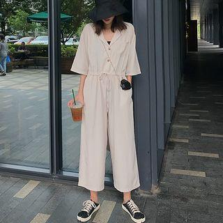 Drawstring Elbow-sleeve Cropped Wide-leg Jumpsuit