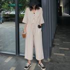 Drawstring Elbow-sleeve Cropped Wide-leg Jumpsuit