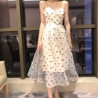 Spaghetti-strap Dotted A-line Midi Mesh Dress