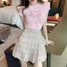 Butterfly Short-sleeve T-shirt / Plaid Pleated Skirt